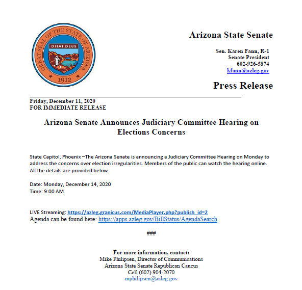 FOR IMMEDIATE RELEASE: Arizona Senate Announces Judiciary Committee Hearing on Elections Concerns

#AZSenate #AZSenateHearing #Arizona