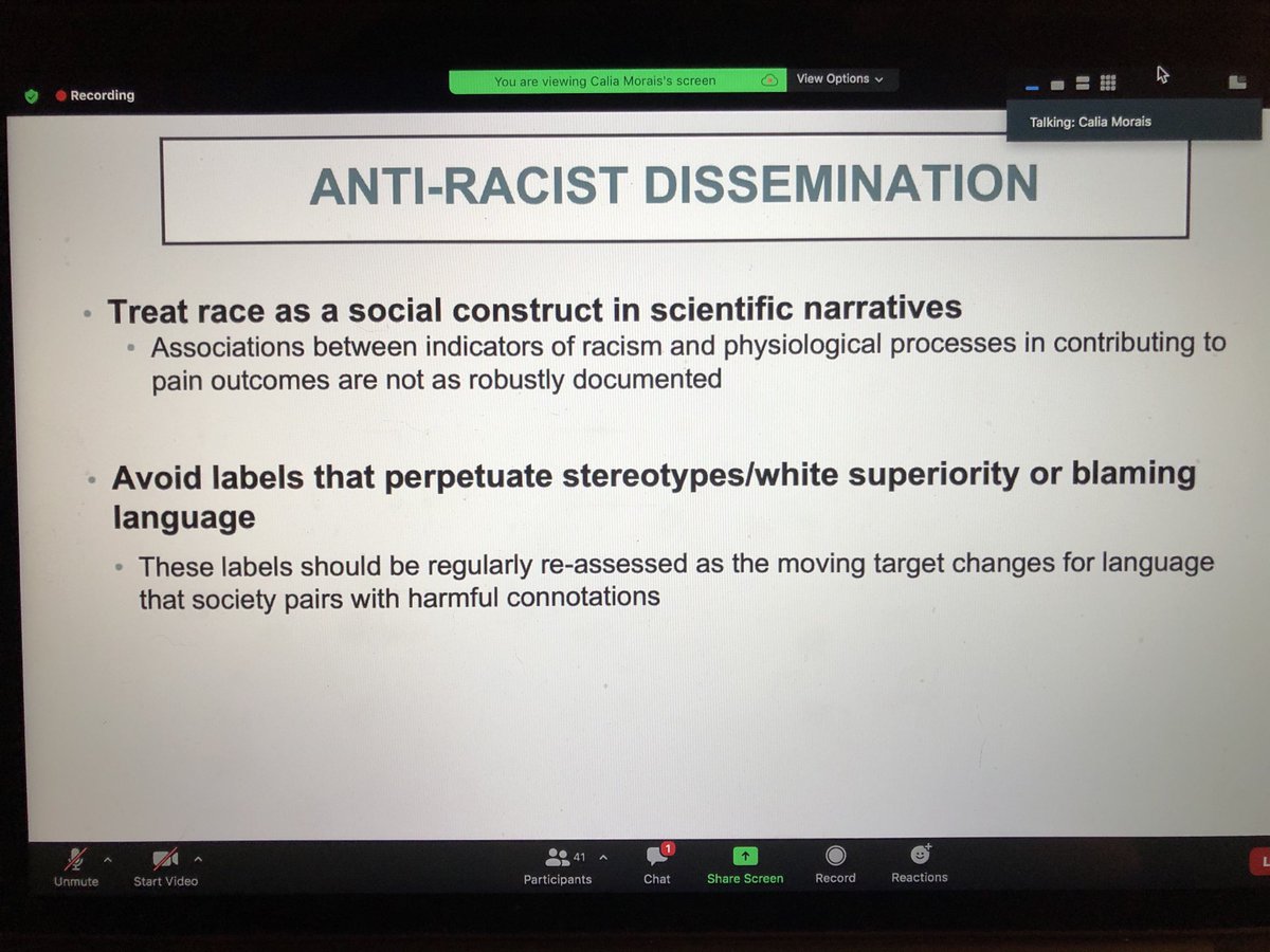 megmarie_miller's tweet image. Consider the language you use in manuscripts - “avoid labels that perpetuate stereotypes/white superiority/blame” ⁦@DrCaliaMorais⁩ #antiracism #pain research #USASP2020