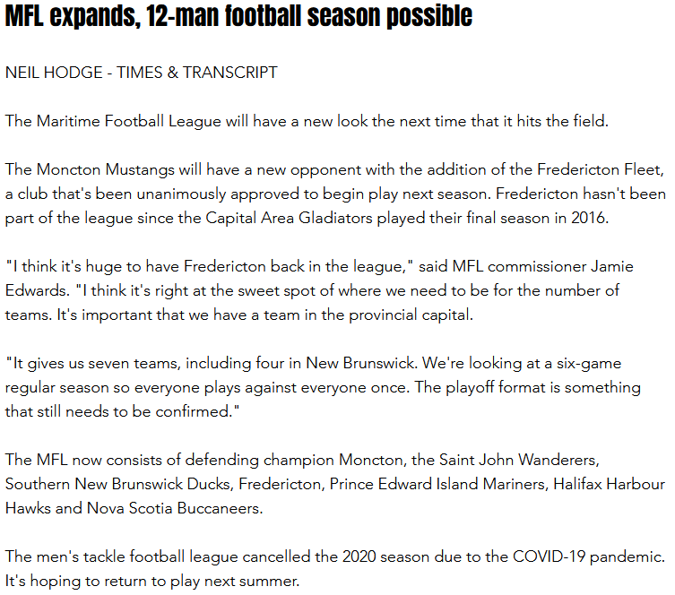 MaritimeFball's tweet photo. MFL expands, 12-man football season possible
.
NEIL HODGE - TIMES &amp; TRANSCRIPT
.
#maritimefootballleague #MFL #2021season #MFLNews https://t.co/Bx0FXhyhKL