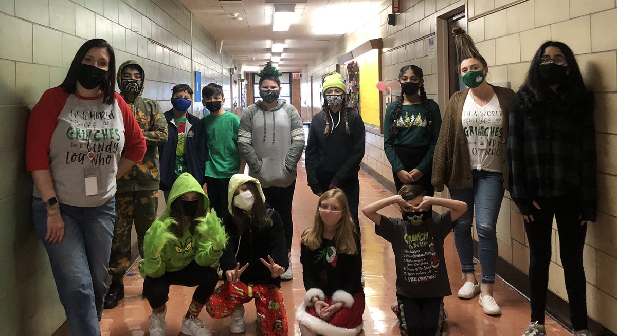 The Class of 2021 rocking some great Grinchy gear! We celebrated Grinch Day by conducting a mock trial in which the Grinch was accused of larceny, breaking &amp; entering, &amp; impersonating a public figure🤣💚<a href="/MsWalters6th/">Ms. Walters</a> <a href="/WillowRoadVS13/">Willow Road School</a>