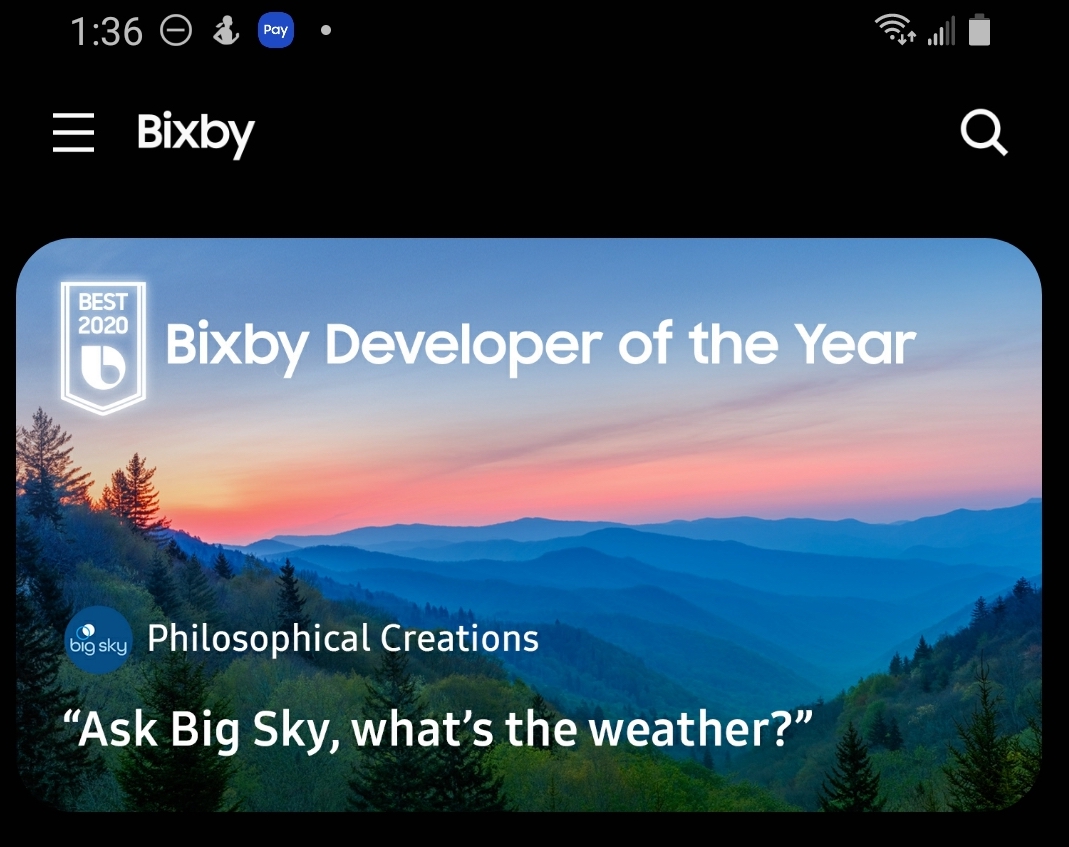 BixbyDevelopers's tweet image. Home page of the Bixby Marketplace showing some love for Bixby Developer of the Year, Steven Arkonovich 
@SArkonovich

 &quot;Hi Bixby, ask Big Sky for the weather&quot; 
#VoiceFirst #DeveloperOfTheYear