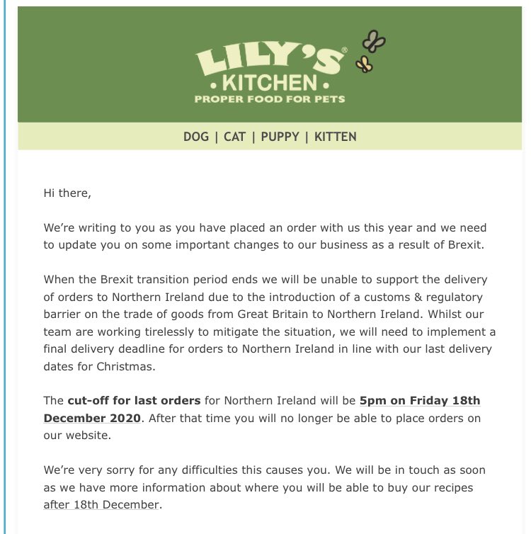 GB based Pet food firm stops supplying Northern Ireland due to  @BorisJohnson  @michaelgove  @BrandonLewis border in the Irish Sea