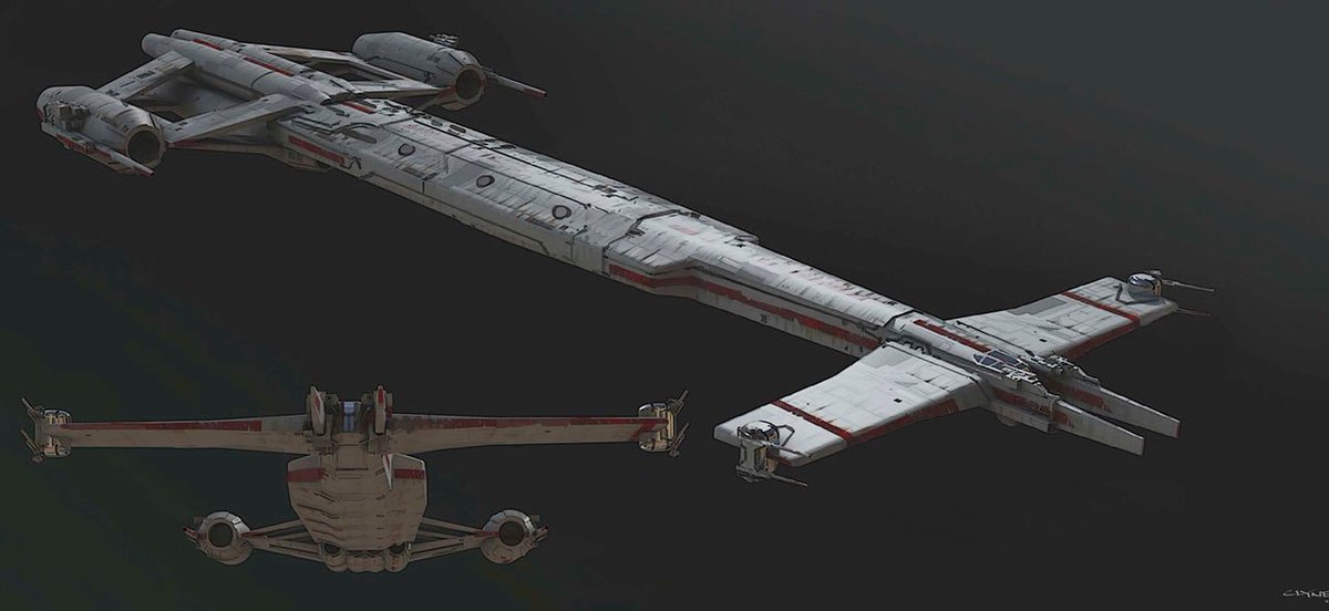 For the Republic Longbeam, it's an unused James Clyne ship design for the Resistance bombers in The Last Jedi.I'm not going to lie: I've loved this design ever since I discovered it in The Art of SW8. It is really racy, streamlined, and yes, Prequels-like.