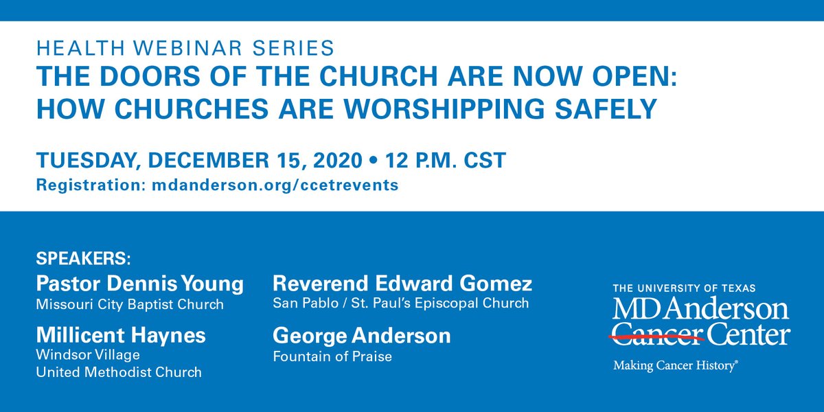 Join us for this highly anticipated panel session as we discuss the ways that churches are still thriving in the midst of #COVID19. Tuesday, December 15th at 12pm. Register now: mdanderson.org/ccetrevents