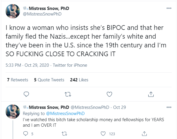 1) had lied about being POC 2) had lied about being Jewish 3) had lied about her family fleeing the holocaust 4) had falsely taken scholarship money and fellowships designated for POC 5) had lied about being a first-gen grad because her father went to college. 5/