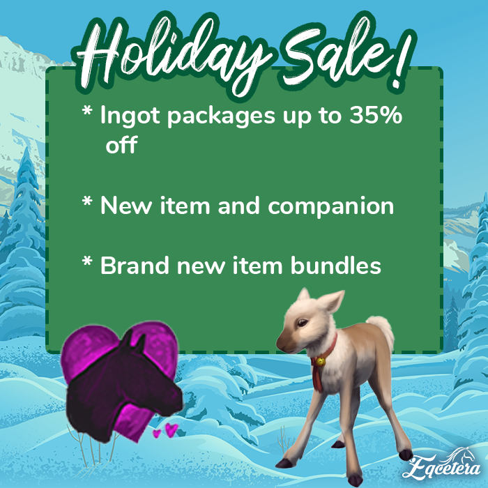EqceteraGame's tweet photo. Our annual holiday sale is live and better than ever! Ingot packages are up to 35% off and our bundles have a brand new item called a Breeder's Promise that guarantees a breeding — no more fails on our age 26 fave! https://t.co/vvCCb16eAr https://t.co/hyw24bBlPO