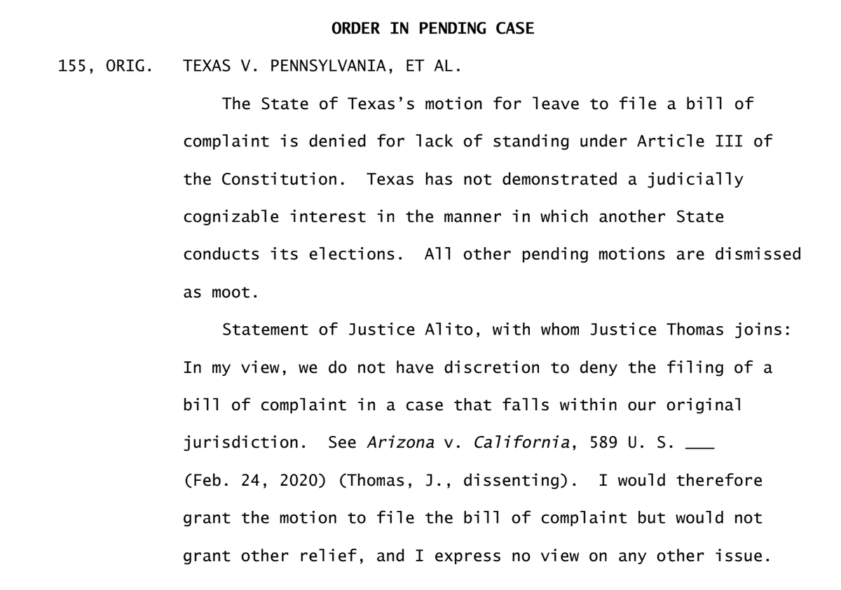 ToddRuger's tweet photo. Now: Supreme Court denies Texas leave to file a lawsuit there to challenge the elections in four states that were key to Biden's win. Dismisses Trump's filings as moot. https://t.co/PC2WN3XwAx