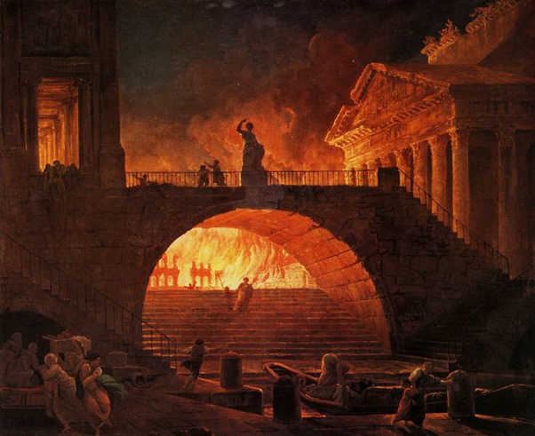 12) Shortly after Nero’s petition to the Senate, a large fire spread across Rome; Nero allegedly directed groups of citizens to stop anyone from putting the fire out by threatening them with torture.