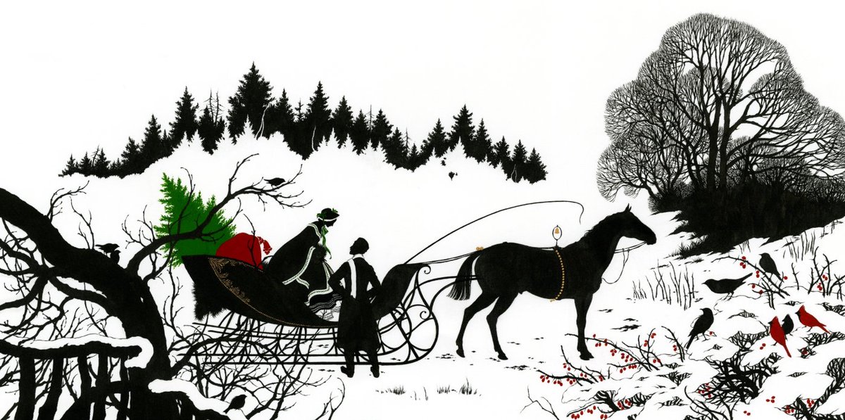 #ArtAdventCalendar Day 11. From 2014, the 1st spread of Jingle Bells, the 2nd of my silhouette Christmas books published by Walker Books. The book illustrates the first verse and chorus of the now famous 1857 song composed by James Lord Pierpont and ends with a pop-up.