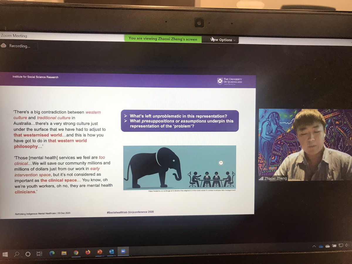  @JenSetchell used critical race and post humanism to invite us to listen, embrace uncertainty, to not finish our sentences.  @Caez_Zheng used post-colonialism to talk about the elephant in the room on Australian indigenous mental health: whiteness