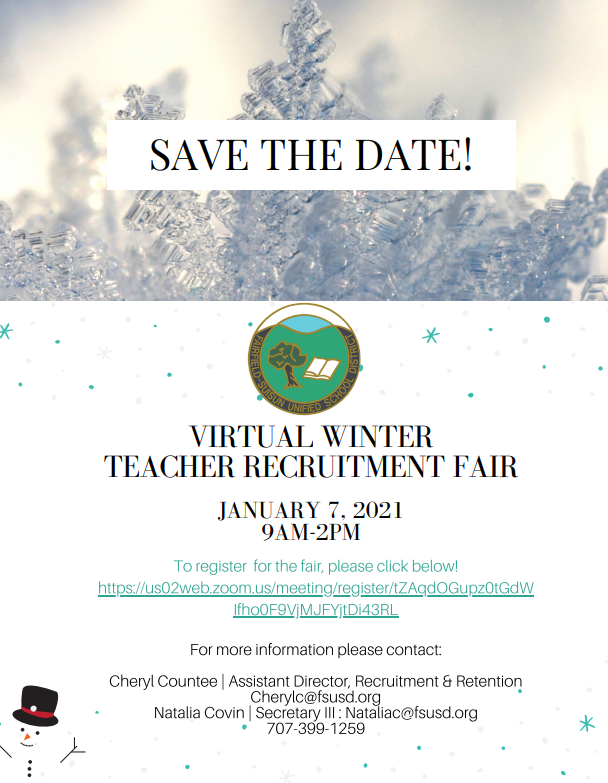 Join us for our Upcoming Teacher Recruitment Fair, now Virtual via Zoom! Paste this link in your browser to register: us02web.zoom.us/meeting/regist…
Click image for info!
We look forward to meeting you! #FSUSDWF21

<a href="/ErnaD_FSUSDHR/">Erna Diaz</a> @EquinoaTrish <a href="/SecIII_FSUSD_HR/">Natalia C</a> <a href="/FSUSDHR/">FSUSD HR</a> <a href="/recruiter4fsusd/">Cheryl Countee</a>