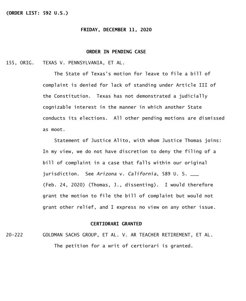 Yes - SCOTUS isn’t taking the TX. No- it doesn’t mean there is no remedy for the rampant voter fraud that occurred on 11/3. Breathe. Focus. This isn’t over.