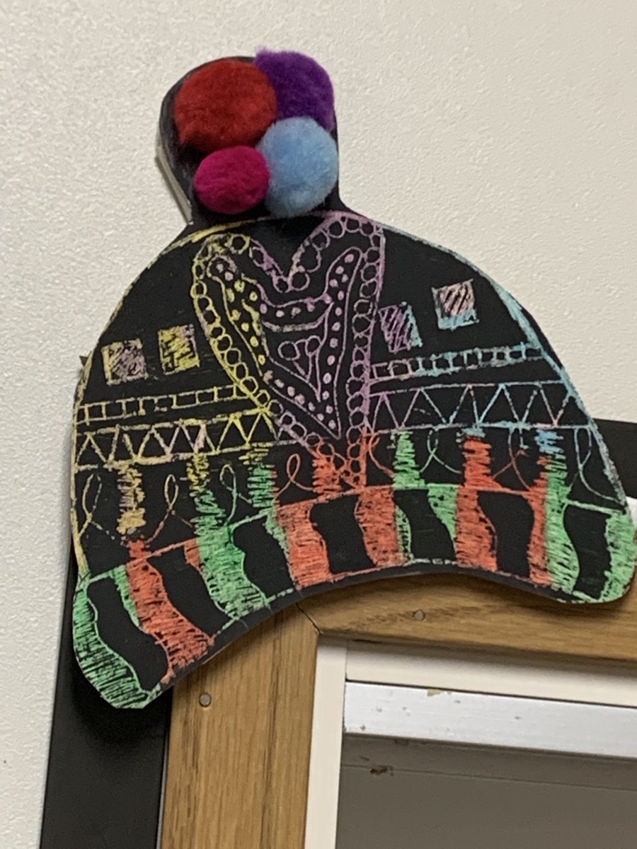 tchrgirl's tweet photo. Today’s art lesson introduced “Scratch Art” with oil pastel, black Acrylic paint and a wooden skewer for etching. These winter hats were completed by the grade 4/5 class at #alertbayschool #learn85 https://t.co/6bMrSTzHAe