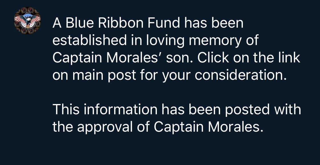 LALEY_LAPD's tweet photo. Our sister in blue, LAPD Captain Elaine Morales, suffered an unimaginable tragedy, when on Dec 6, her 19 year old son, Adam Robert Morales was killed in a traffic collision. Our deepest condolences to Capt Morales and her family. 
Blue Ribbon Fund 
https://t.co/95RTkcuiPW https://t.co/sYDj8BBVZ0