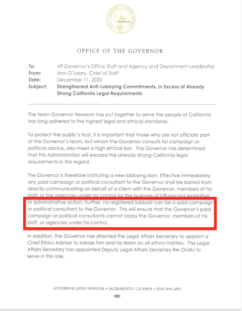 New memo from Gov's office attempts to distance Newsom from lobbyists following news that lobbyist Jim Deboo is likely his next chief of staff... and that Newsom attended French Laundry soiree for lobbyist Jason Kinney(Deleted earlier tweet due to a typo)