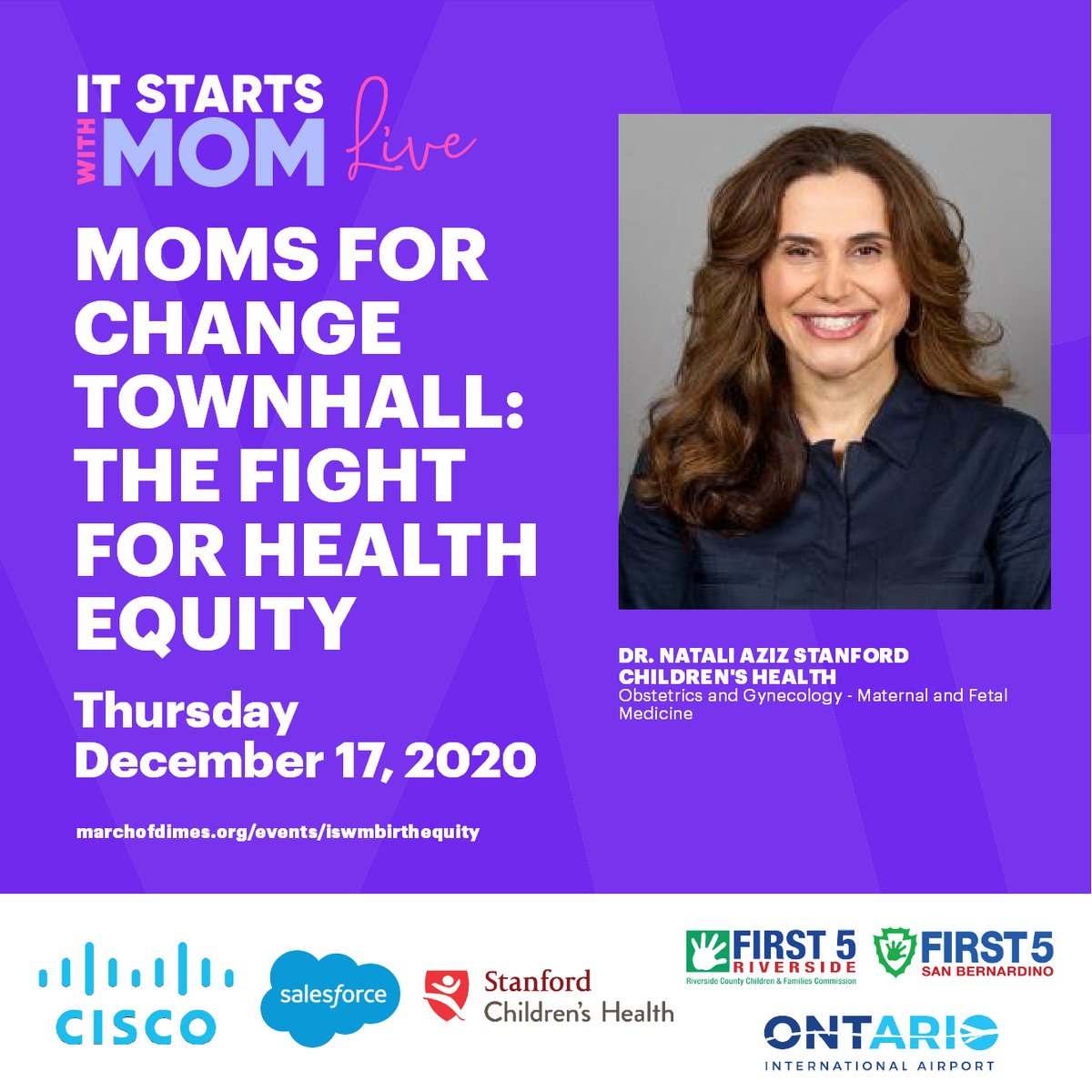 MODCAL's tweet image. Dr. Natali Aziz, Clinical Assistant Professor OB/GYN Maternal Fetal Medicine @StanfordChild provides perinatal care for high-risk women and is committed to advancing birth equity &amp;amp; improving birth outcomes. Join her and our other panelists on 12/17 at 12pm PT on @MarchofDimes FB.