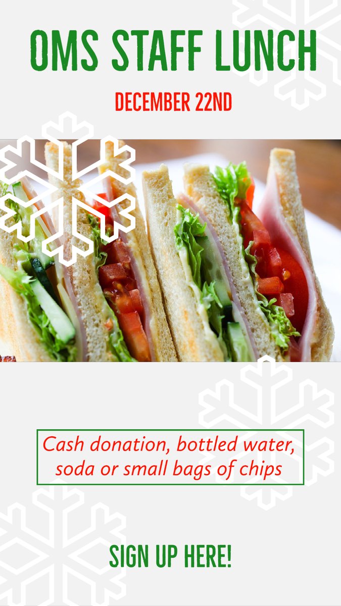 Join the PTO in providing a lunch for our hard-working staff on December 22nd! Sign up online to donate (cash or items). Donations needed by 12/19. Thank you for your support! signupgenius.com/go/20f0d49aba6…