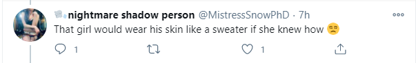 The sick racism inherent in Snow’s attack against S came to the surface most apparently when she made a joke about skinning a brown-skinned man, S’s father who has passed away, and wearing his skin as a garment. This shows how Snow sees racial identity as surface-level. 40/