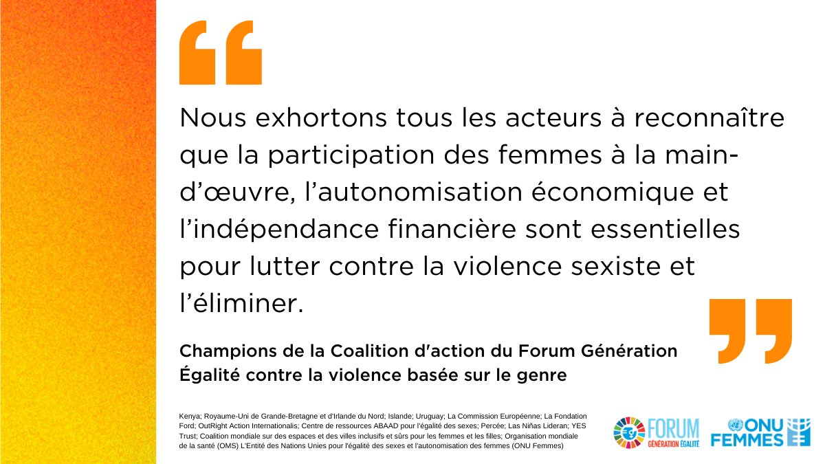 ONUFemmes's tweet photo. L’indépendance économique des femmes est essentielle dans la lutte contre les violences faites aux femmes. Les champions de la coalition d’Action du forum #GénérationÉgalité contre les violences basées sur le genre se mobilisent pour une prise de conscience et action commune. https://t.co/mON0cR9CFm