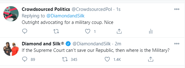 strainewreck's tweet photo. @DiamondandSilk That's what I like to see, two grifters supporting a military coup in the USA https://t.co/K8q1lM3ovS
