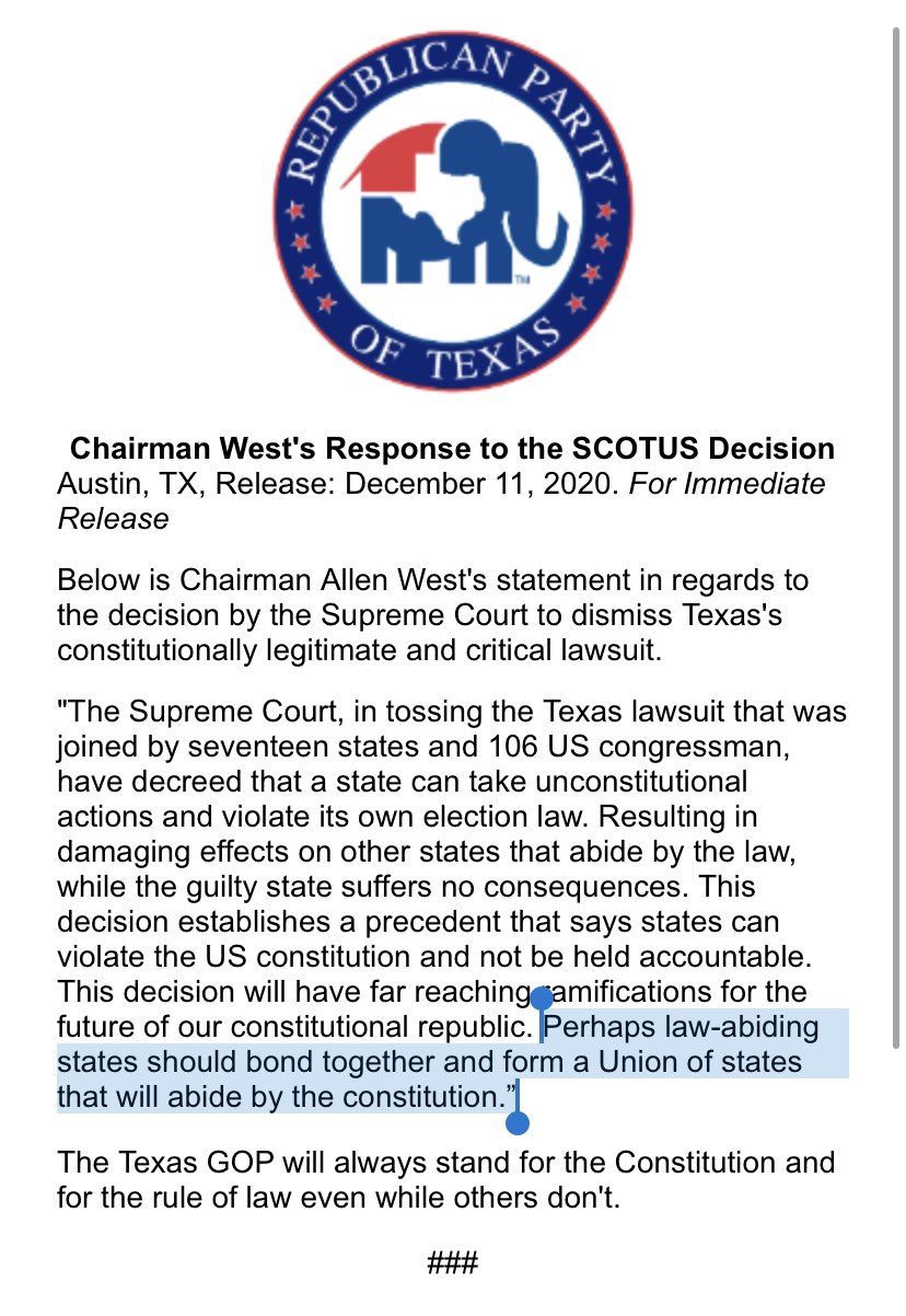 Adam Kelsey The Texasgop Is Out With A Statement In The Wake Of The Supreme Court Decision All But Calling For Secession Perhaps Law Abiding States Should Bond Together And Form