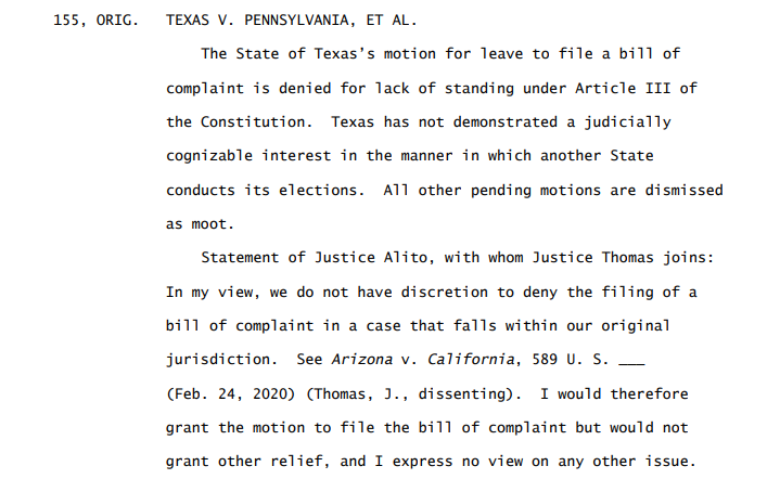 I guess this is a teaching moment. Hokay, this is an order. SCOTUS, with no noted dissents, is denying Texas leave to file—that is, permission to file—its complaint. That's the top part.