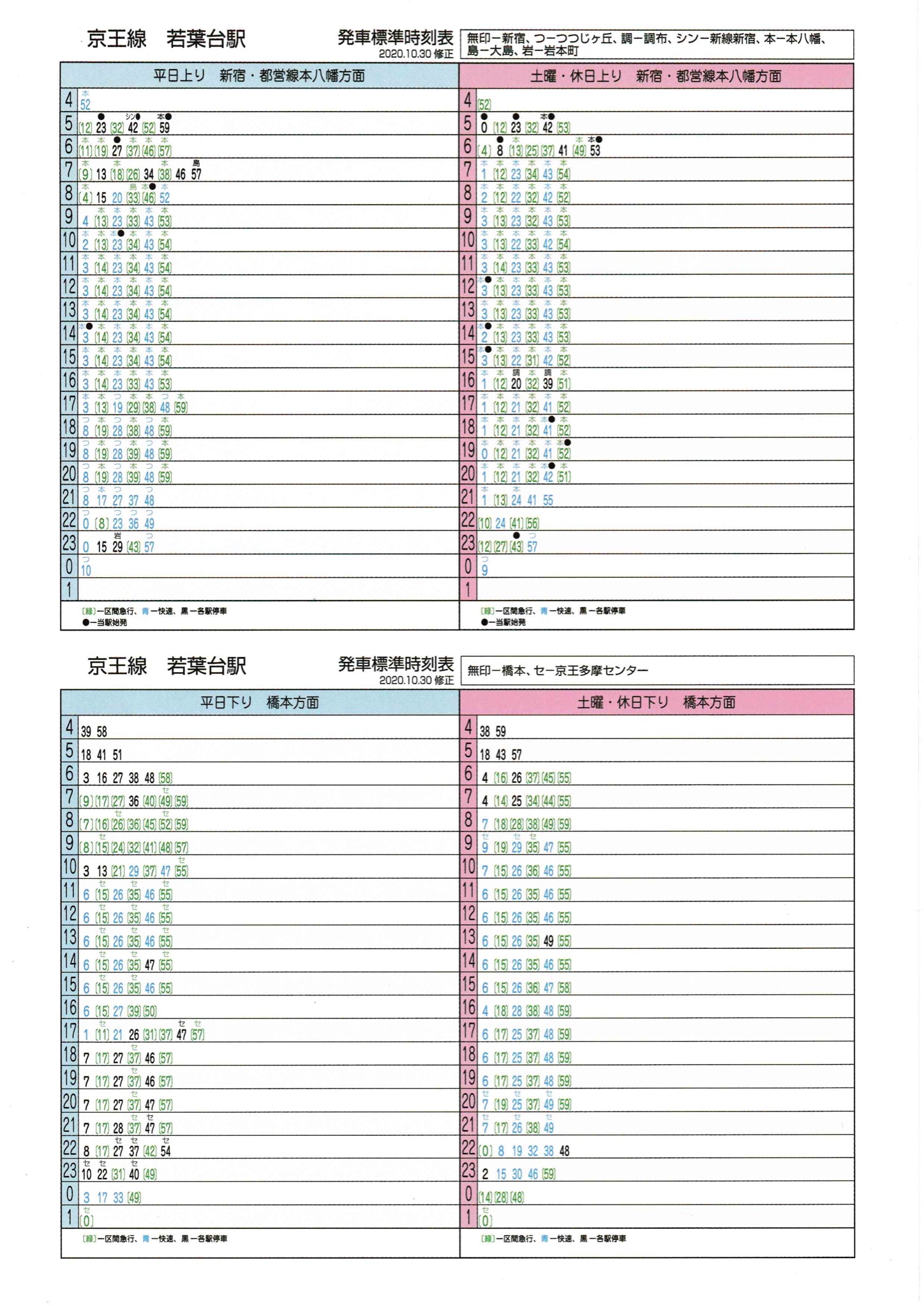 ポケット時刻表研究会 C100御礼 年10月30日修正 京王相模原線若葉台駅の時刻表 です 今改正では震災時の節電ダイヤ以来のa4版のみの配布となりました 終電繰り上げにより今後 1時代の時刻欄も殆ど使用されなくなることでしょう 京王はこのところ