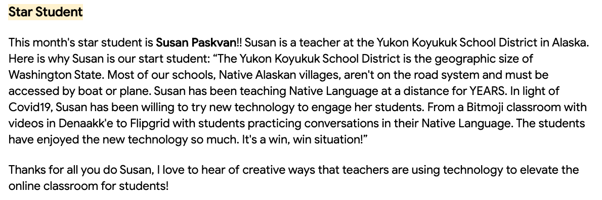 Congratulations to our Native Language Coordinator, Susan Paskvan. Today, she was recognized on the Google for Education West Region Newsletter for being a 'Start Student' when it comes to using Google tools in the classroom! #akedchat @AlaskaDEED