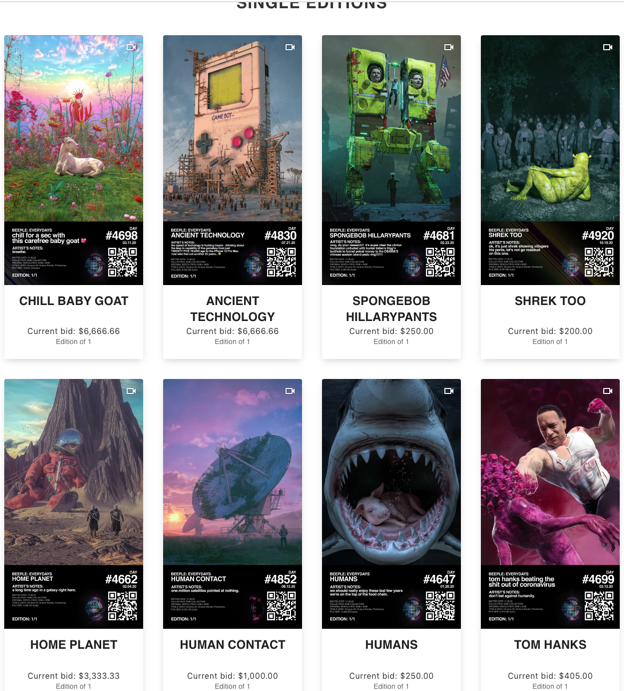 The genius behind the  @beeple drop explained,$600k from open editions, (5 mins to buy)21 Auctions of 1/1's, (currently top bid is $6.6k, they'll prob all go for $15k+ min - 20 hours left).Why did this break records?1/ Thread 