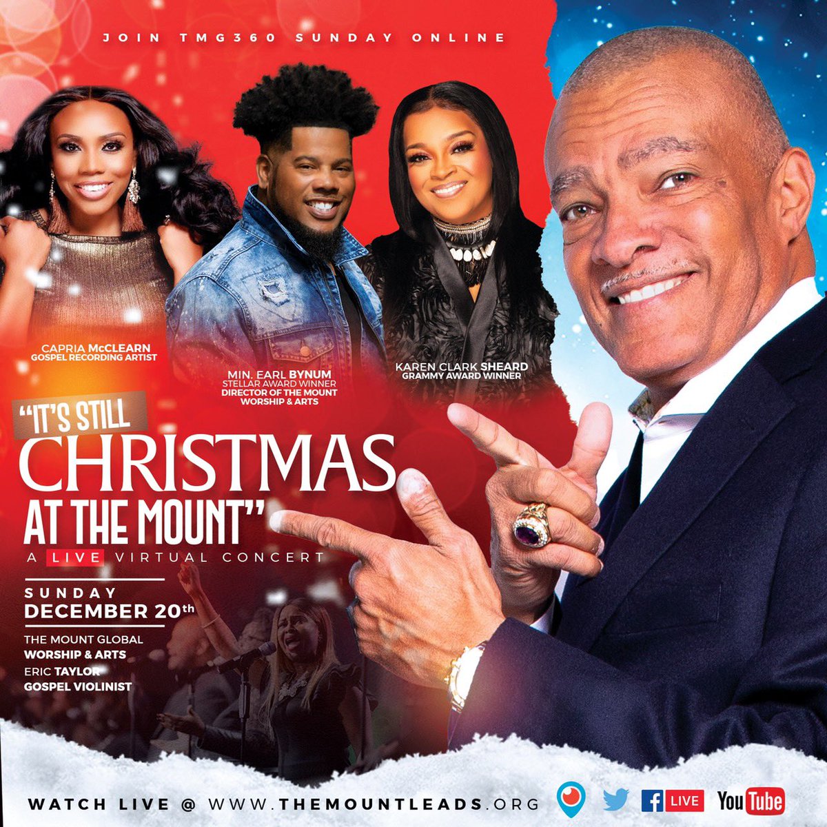 themountleads's tweet photo. ITโS STILL Christmas at The Mount!! Tune in Sunday Dec 20th for a LIVE online worship experience featuring @officialkcs @CapriaMcClearn @EarlBynum @TheMountBishop #TheMountCollective #TheMountGlobalWorshipandArts #TMG360 https://t.co/audbBJGdl7