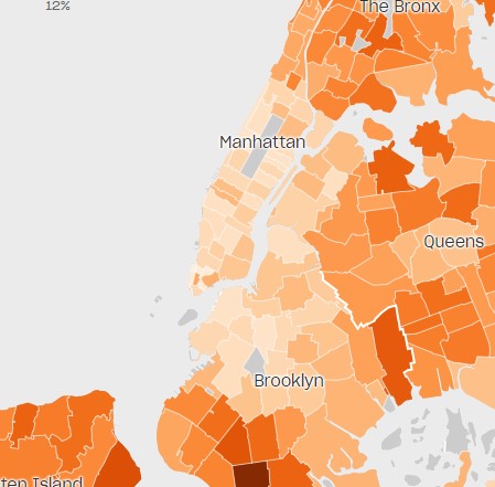 This isn't the whole city, but this is enough of it to show what I mean: with few deviations, there's central areas where there seem to be low sustained positivity rates (around 14th St in Manhattan, most ZIPs have under 3%) and it's the opposite in a ring around those areas