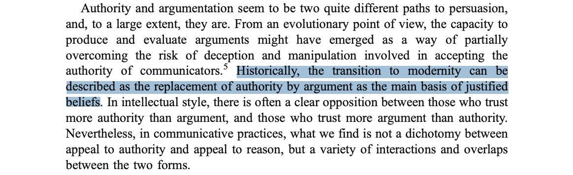 Sperber starts by pointing out that we all have a psychological predisposition to trust AUTHORITY.But we also (especially in the modern world) determine who to believe based on ARGUMENTATION.Both are at play and interacting almost all the time.
