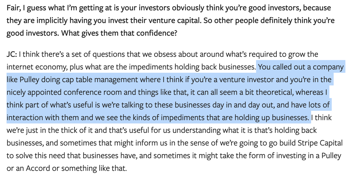 8/ We chose investors who are also founders -  @eladgil,  @avichal,  @kloughlin,  @lindaxie, lripsher, the  @stripe team, and more.Our founder-investors are an extension of our founder-centric team.Here's  @collision talking to  @Stratechery about Pulley:  https://stratechery.com/2020/an-interview-with-stripe-president-john-collison/
