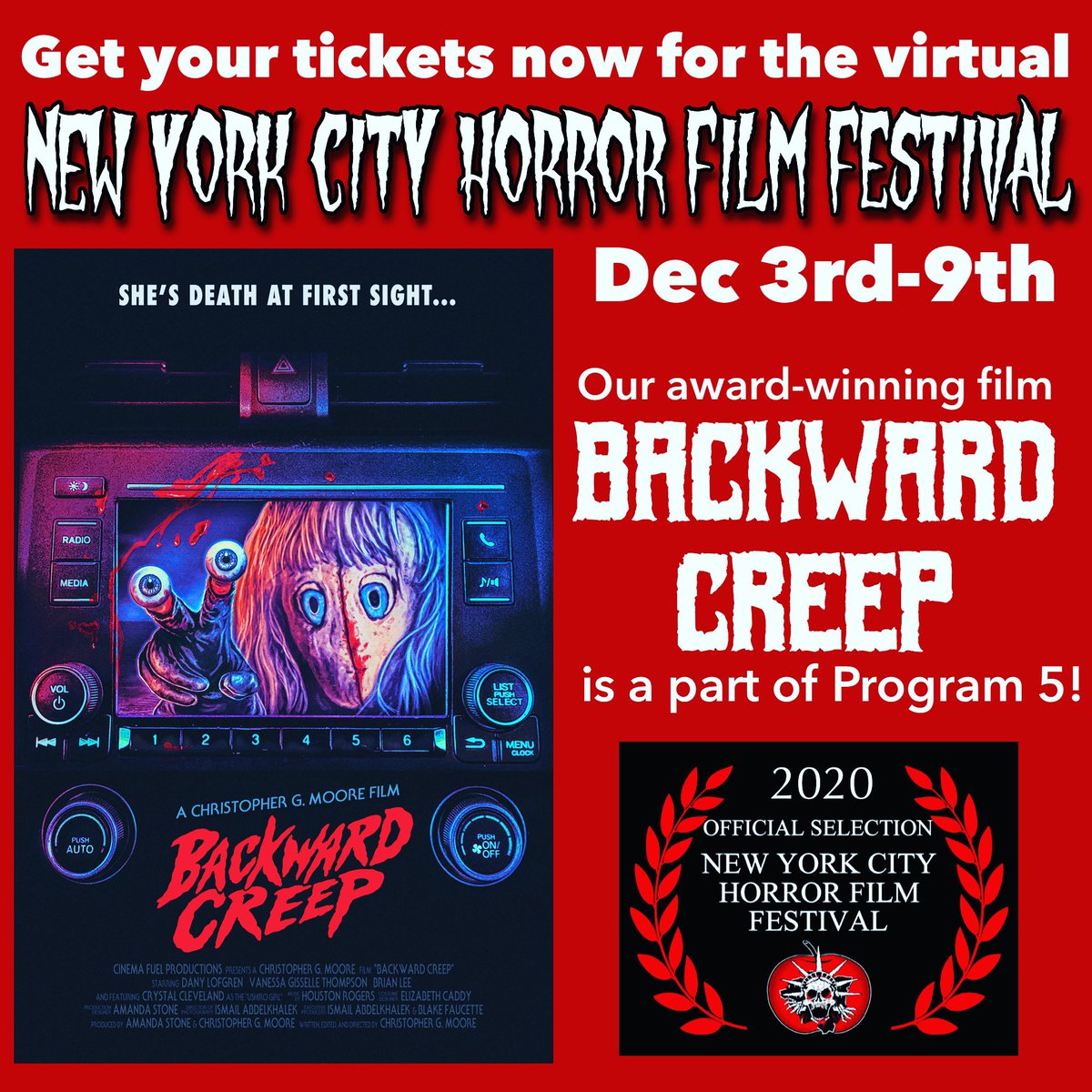Go watch some cool horror films in the comfort of your home! Get your tickets to the virtual version of the <a href="/NYCHorrorFest/">NYC Horror Film Fest</a>! Our award-winning film <a href="/BackwardCreep/">BackwardCreep</a> is in Program 5! We’re excited and honored to be a part of this amazing film fest! #backwardcreep #nychorrorfilmfest