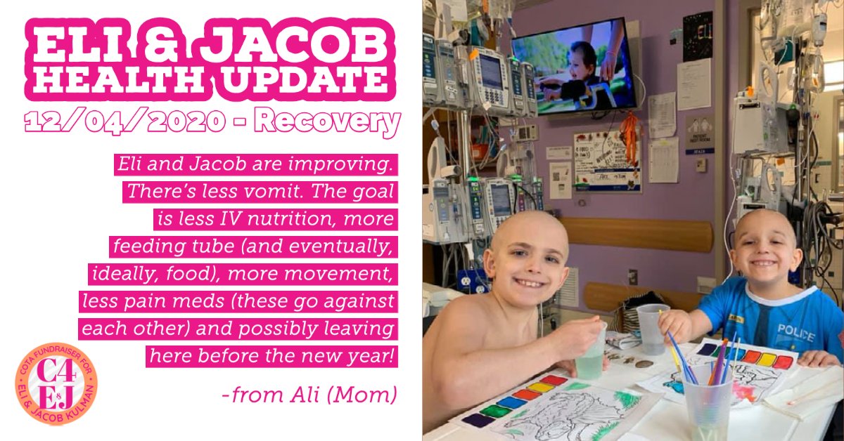Health Update: Eli &amp; Jacob are improving. They have a long road ahead of them, but may leave the hospital before New Year's! Visit our website to learn  how you can help: COTAforEandJ.com 
.
.
#TwoZebraKids #IPEX #IPEXSyndrome #BoneMarrowTransplant #BMT  #COTAHope