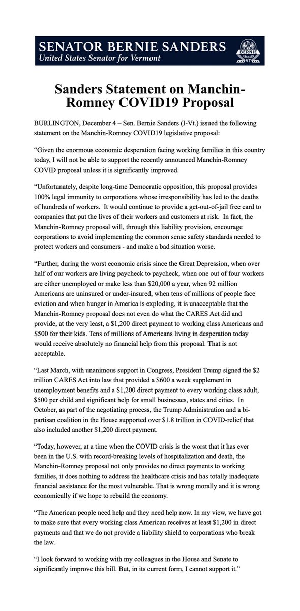 SenSanders's tweet photo. Given the enormous economic desperation facing working families in this country today, I will not be able to support the recently announced Manchin-Romney COVID19 proposal unless it is significantly improved.
Read my full statement: https://t.co/MvkbMwpyQB https://t.co/wQhWOh1u3e