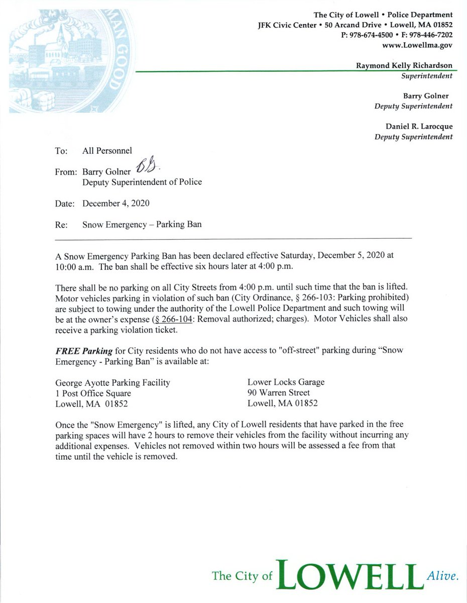 LowellPD's tweet photo. A Snow Emergency Parking Ban has been declared effective Saturday, December 5, 2020 at 10:00 a.m. The ban shall be effective six hours later at 4:00 p.m. https://t.co/ySvLktIzxk