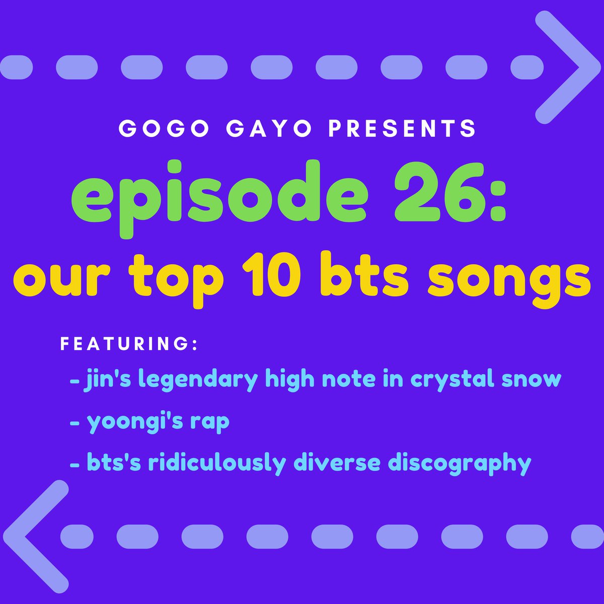 what are your top 10 bts songs? quote retweet or reply and tell us!! and then go listen to the episode to hear ours🥰

#gogogayo #BTSARMY