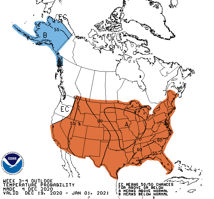NWSCPC's tweet photo. Today's Week 3-4 outlook runs through New Years Day! Late December sees increased odds for above-normal temperatures and below-normal precipitation for much of the Lower-48 states. The Pacific Northwest is an exception, with wet conditions favored. https://t.co/ZyQxYYAMKo https://t.co/O3lg5FqiEr