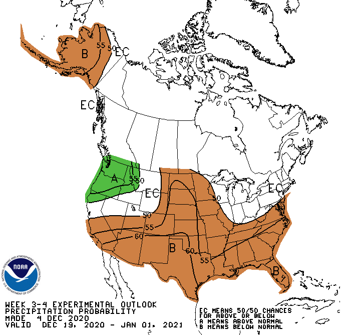 NWSCPC's tweet photo. Today's Week 3-4 outlook runs through New Years Day! Late December sees increased odds for above-normal temperatures and below-normal precipitation for much of the Lower-48 states. The Pacific Northwest is an exception, with wet conditions favored. https://t.co/ZyQxYYAMKo https://t.co/O3lg5FqiEr