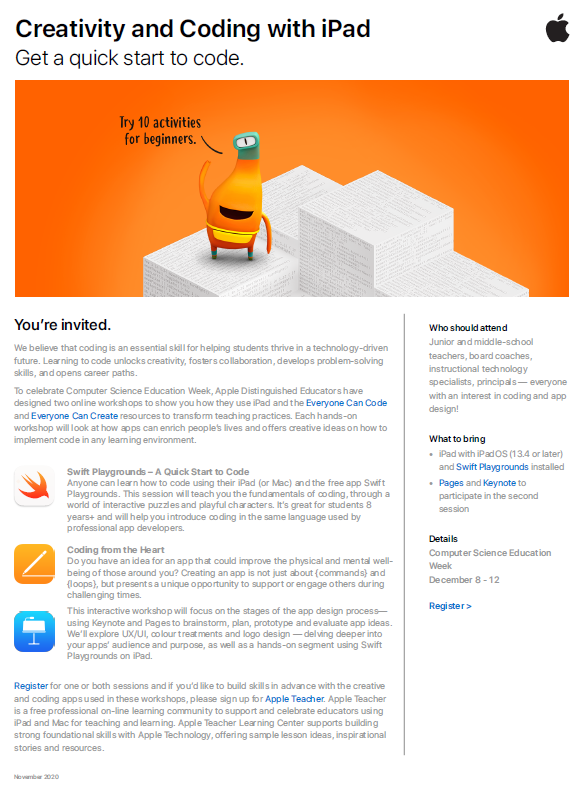 Thinking about the new Math curriculum and coding?

Our partners @apple are offering PD next week on Creativity and Coding with the iPad. 

Follow the link for more details: hwdsbonca.sharepoint.com/:f:/r/Shared%2…