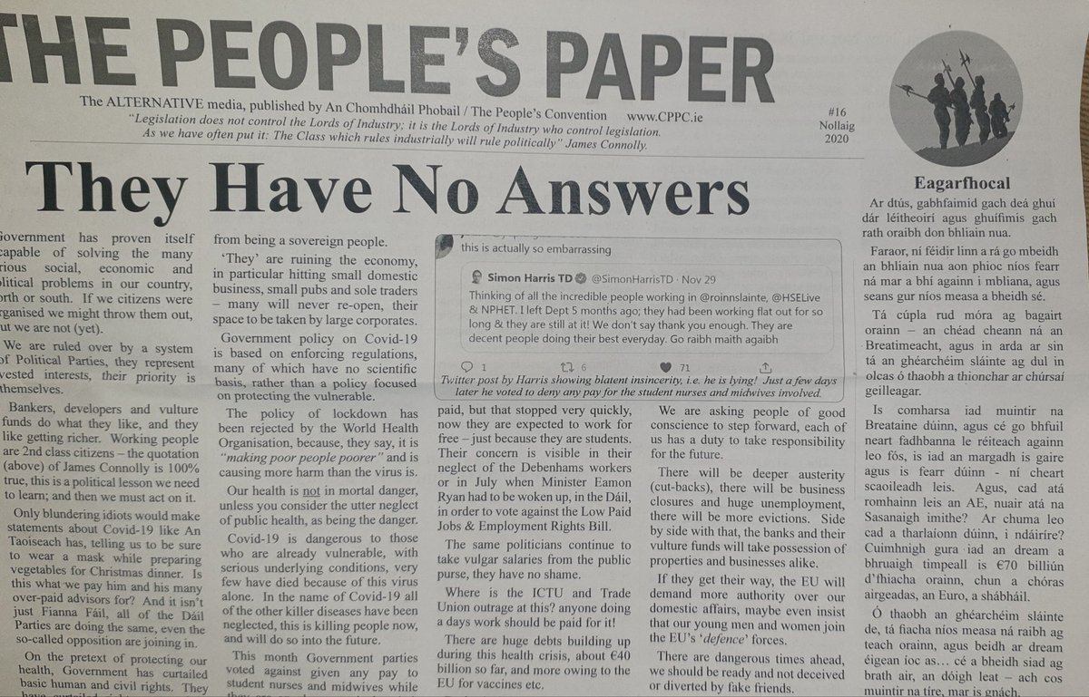 cppc_ie's tweet photo. New issue of THE PEOPLE'S PAPER will be available on the streets tomorrow.

'Powers-that-be have no solutions' is the theme, all sided crisis... #COVID19 #brexit #irexit #fishing

Crisis in Public Health &amp; for workers.

#Debenhans workers betrayed by @MandateTU &amp; @irishcongress https://t.co/AprhSkZBgT