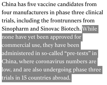 China has five vaccine candidates from four manufacturers in phase three clinical trials, including the frontrunners from Sinopharm and Sinovac Biotech.