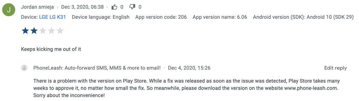 PhoneLeash's tweet photo. .@GooglePlay .@googledevs this is what happens when app updates approvals take weeks, no matter the size or criticality of update https://t.co/ImUEZBhSQN