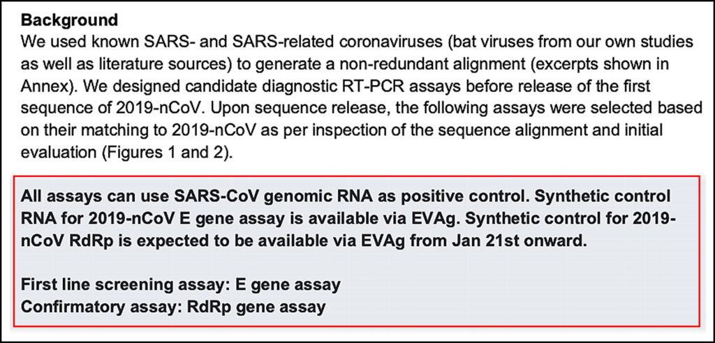 "The WHO-protocol (Figure 1), which directly derives from the Corman-Drosten paper, concludes that in order to confirm the presence of SARS-CoV-2, two control genes (the E-and the RdRp-genes) must be identified in the assay."