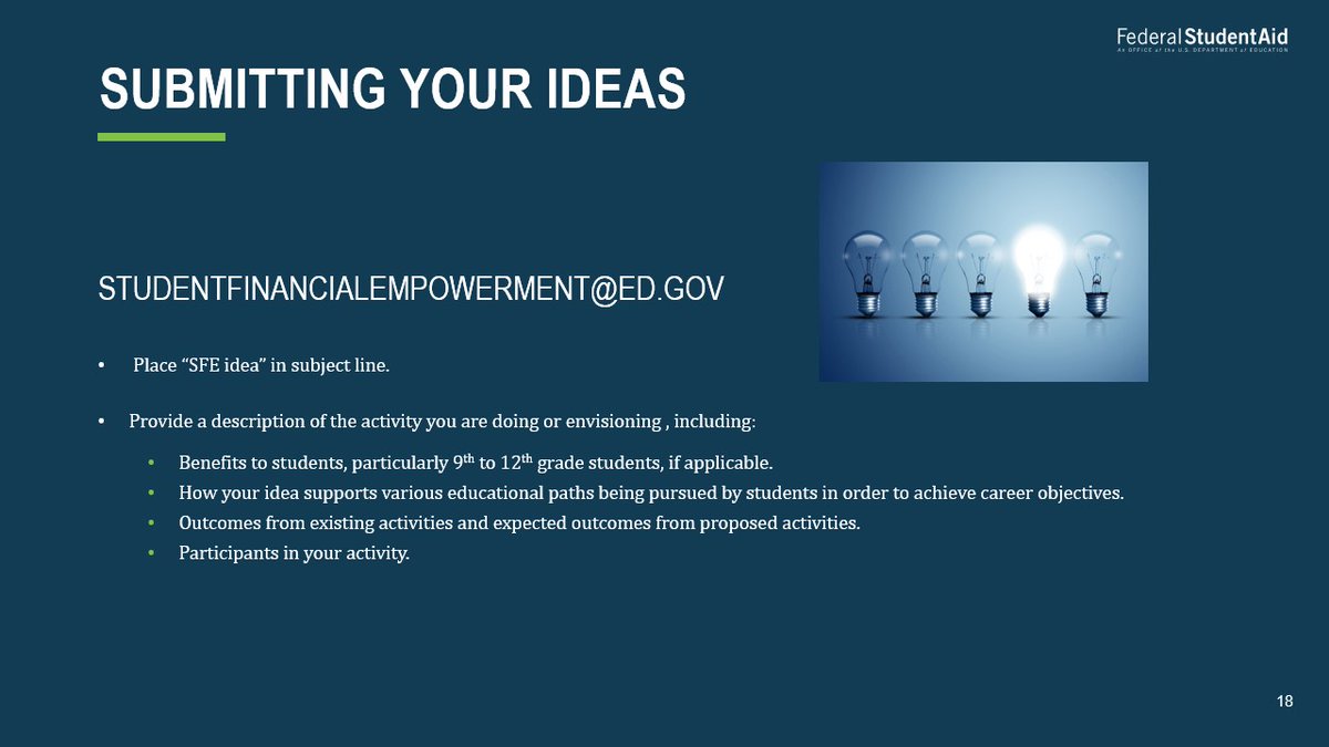 FSAconf's tweet photo. How can we make the Student Financial Empowerment initiative more meaningful to students and partners? Share your thoughts and questions about this presentation by emailing studentfinancialempowerment@ed.gov. #FSATC2020 https://t.co/3FkfSVP0Ms