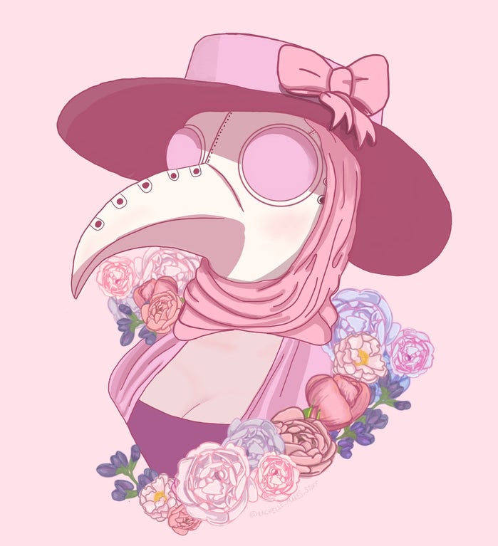 how i'm coping today: aesthetically pleasing pink plague doctors, links to artists. #1 Rosie  https://www.reddit.com/r/plaguedoctor/comments/fw3v3h/i_decided_we_needed_a_pretty_plague_doctor_so_i/