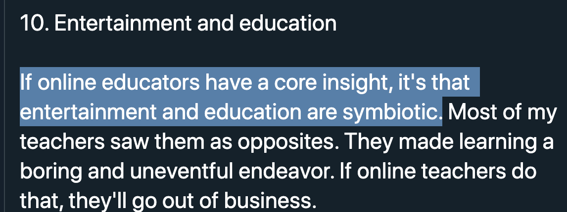 A taller order: Have the content (or the teacher) be as entertaining as possible. See  @david_perell on the topic of teaching and entertainment.  https://twitter.com/david_perell/status/1284657927274369024 South Korea's wildly successful online teachers aim to entertain.  https://www.washingtonpost.com/world/asia_pacific/in-education-crazy-south-korea-top-teachers-become-multimillionaires/2014/12/29/1bf7e7ae-849b-11e4-abcf-5a3d7b3b20b8_story.html