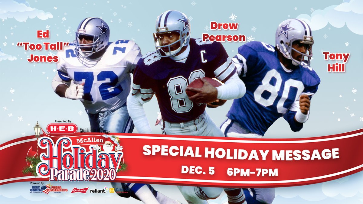 Tune-in tomorrow for a special message to our Frontline Heroes from Cowboy Legends Drew Pearson, Ed 'Too Tall' Jones, & Tony Hill! The 2020 McAllen Holiday Parade, presented by H-E-B mcallenholidayparade.com #southpoleoftexas #mcallenholidayparade