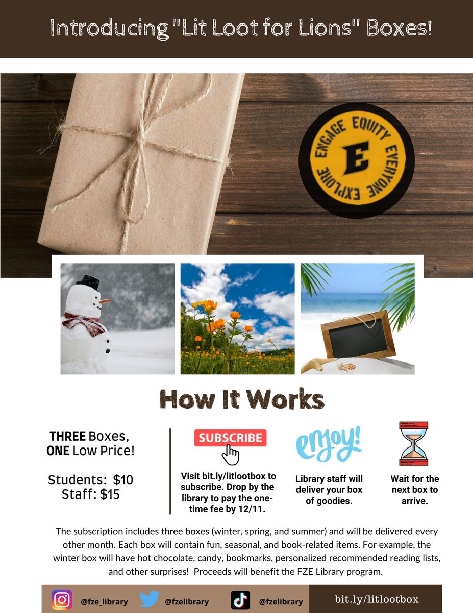Busy day on Twitter for the FZE Library! Introducing our new "LIT Loot Box Subscription Service!" 3 boxes a year for 1 low price! Proceeds benefit the library. Great gift for yourself or a friend! Visit fzelibrary.com for more info! #RespectTheE #LionReaders @FZELIONS1